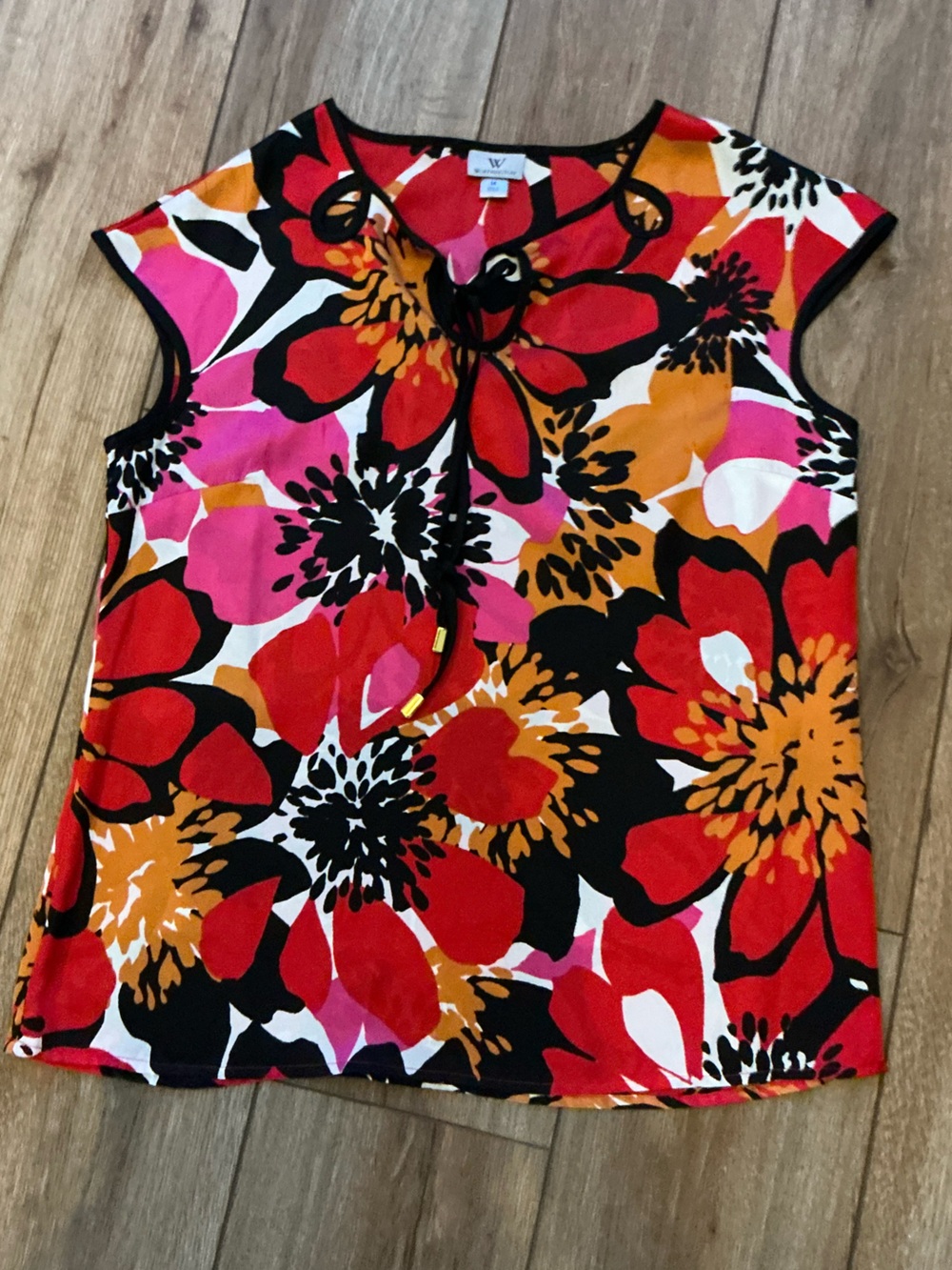 Worthington Floral Blouse Top Size M Red Pink Orange Black Tie Neck